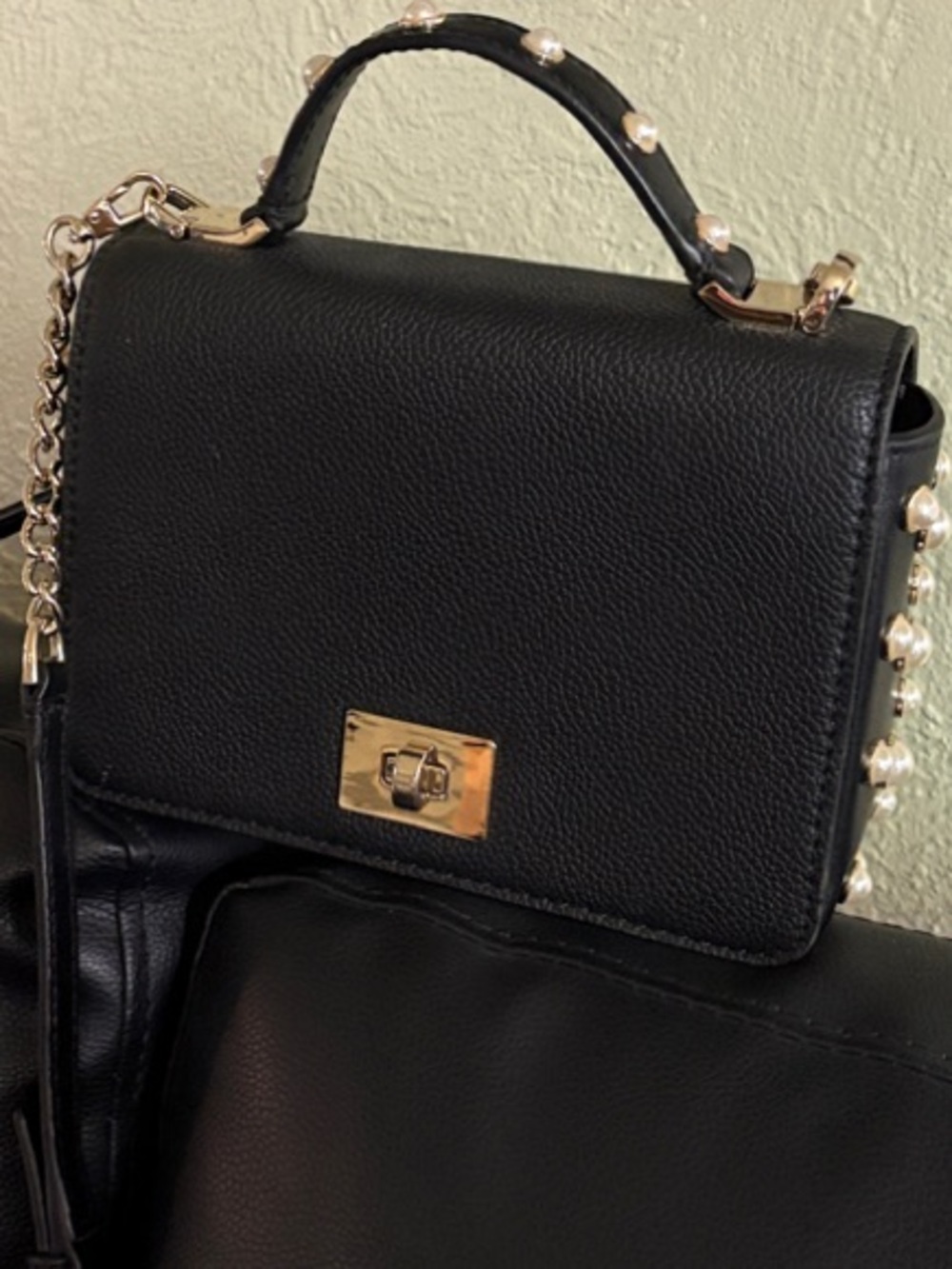 kate spade Black Pebbled Leather Top-Handle Satchel Pearl Accents /Gold Hardware